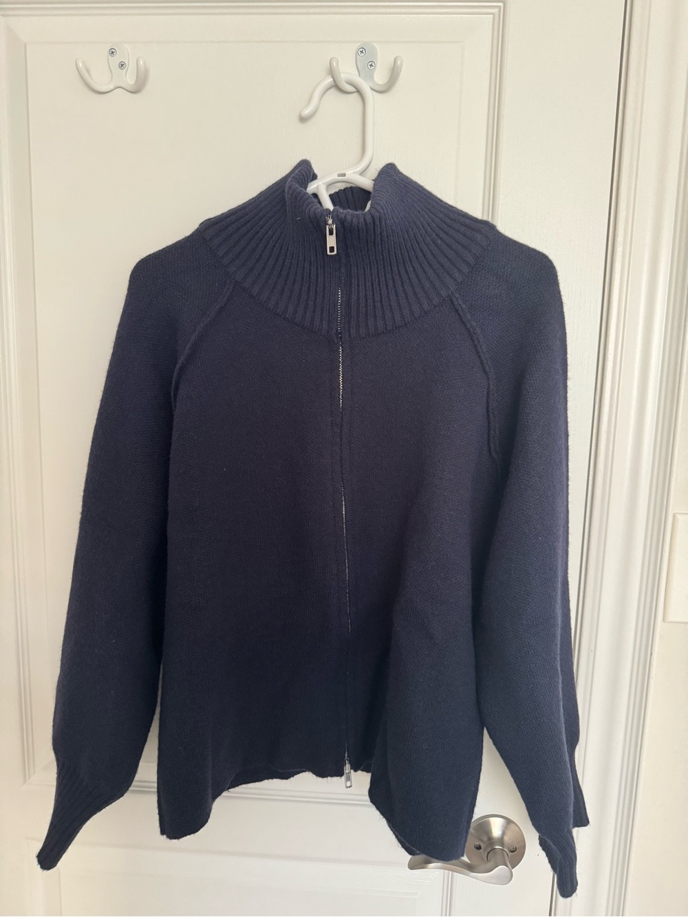 Zip-Front Navy Ribbed Funnel Neck Sweater